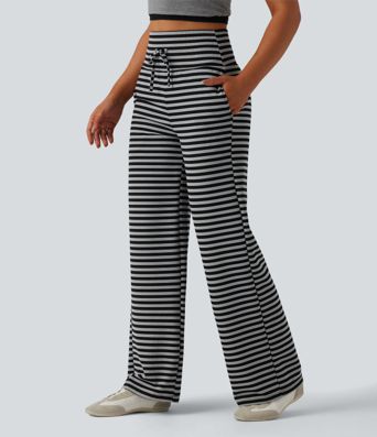 High Waisted Tummy Control Drawstring Wide Leg Stripe Waffle Casual Pants with Pockets