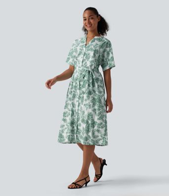 V Neck Half Sleeve Belted Floral Print Midi Work Dress with Pockets