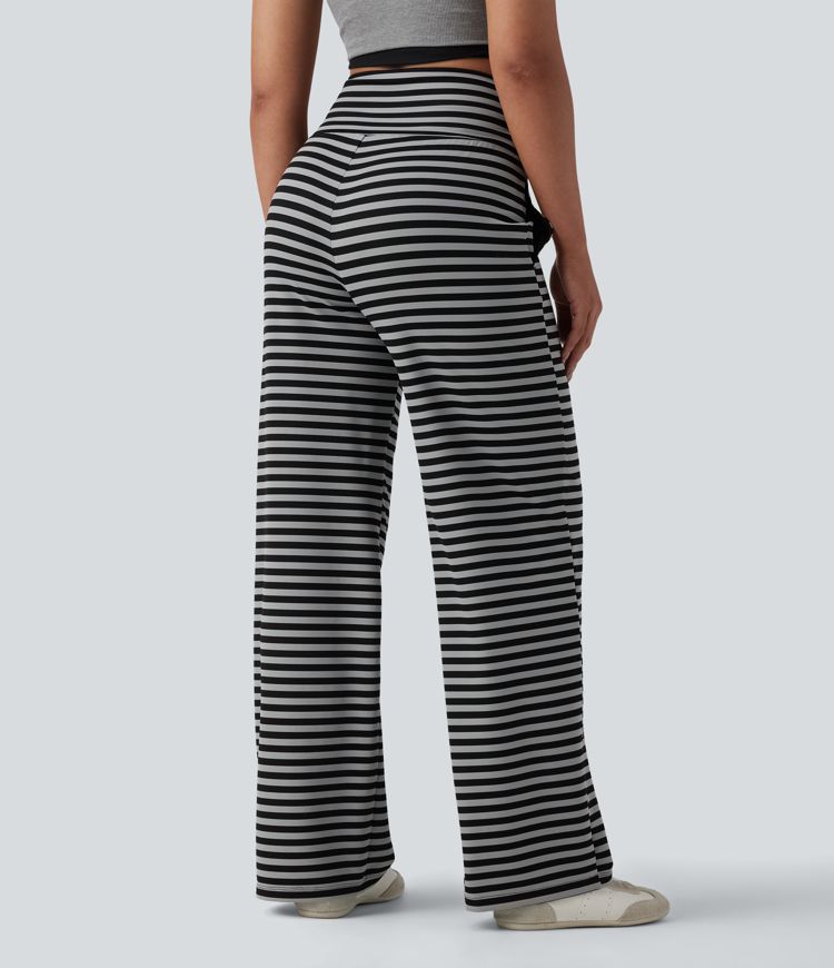 High Waisted Tummy Control Drawstring Wide Leg Stripe Waffle Casual Pants with Pockets