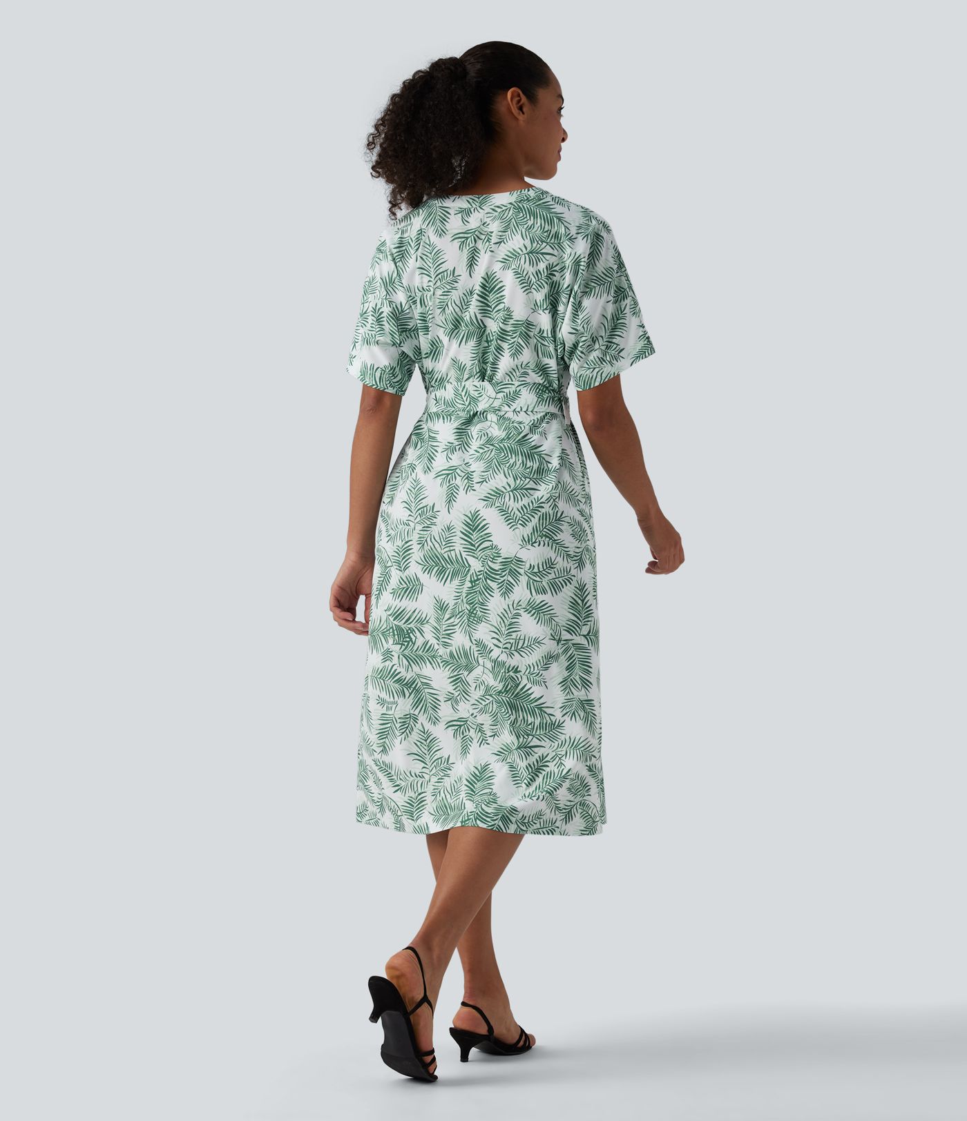 V Neck Half Sleeve Belted Floral Print Midi Work Dress with Pockets