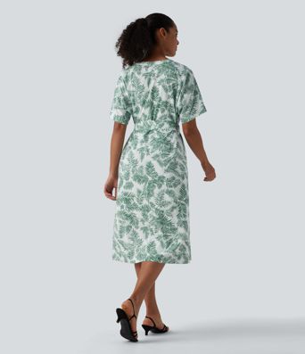 V Neck Half Sleeve Belted Floral Print Midi Work Dress with Pockets