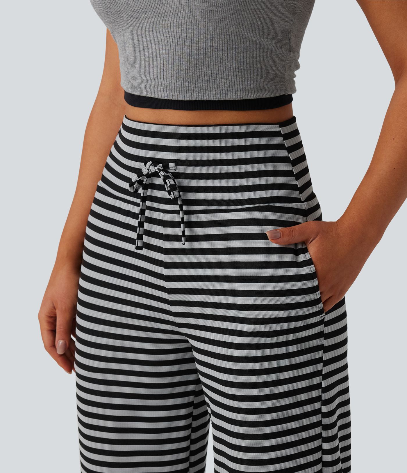 High Waisted Tummy Control Drawstring Wide Leg Stripe Waffle Casual Pants with Pockets