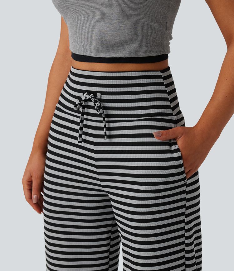 High Waisted Tummy Control Drawstring Wide Leg Stripe Waffle Casual Pants with Pockets