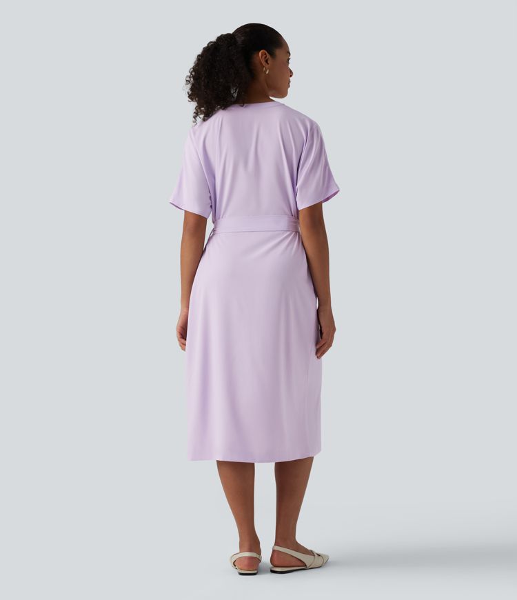 Breezeful™ V Neck Half Sleeve Belted Quick Dry Midi Shirt Work Dress with Pockets