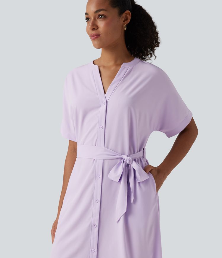 Breezeful™ V Neck Half Sleeve Belted Quick Dry Midi Shirt Work Dress with Pockets