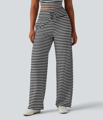 High Waisted Tummy Control Drawstring Wide Leg Stripe Waffle Casual Pants with Pockets