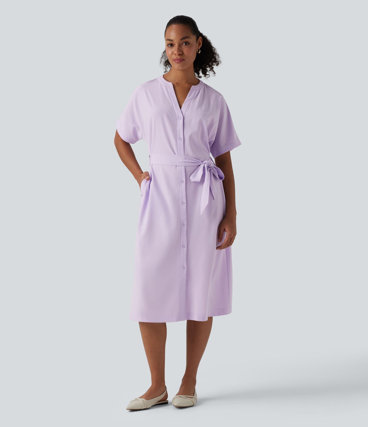 Breezeful™ V Neck Half Sleeve Belted Quick Dry Midi Shirt Work Dress with Pockets