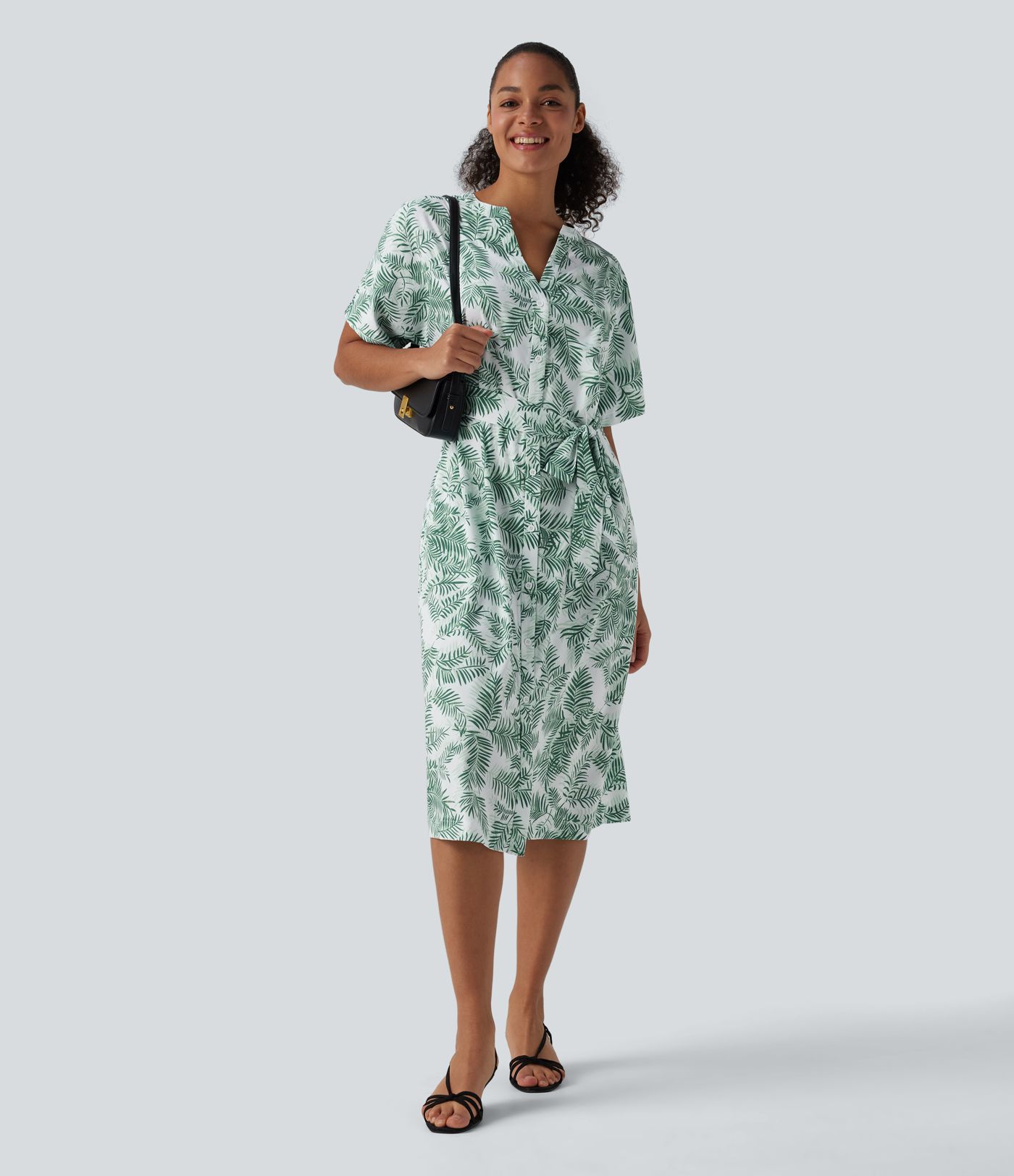 V Neck Half Sleeve Belted Floral Print Midi Work Dress with Pockets