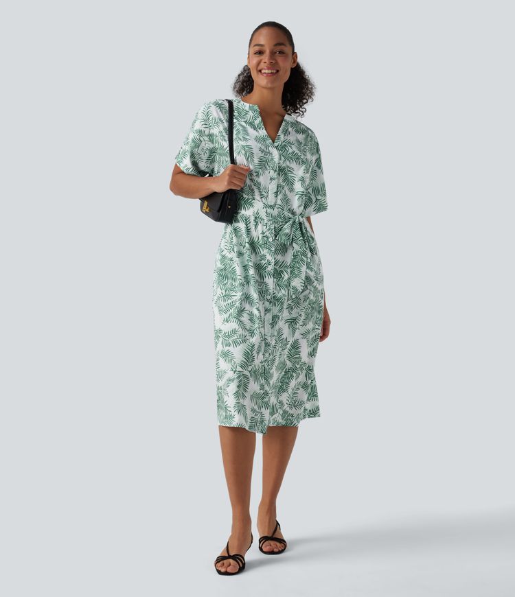 V Neck Half Sleeve Belted Floral Print Midi Work Dress with Pockets