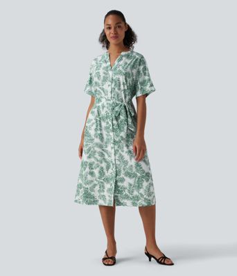V Neck Half Sleeve Belted Floral Print Midi Work Dress with Pockets