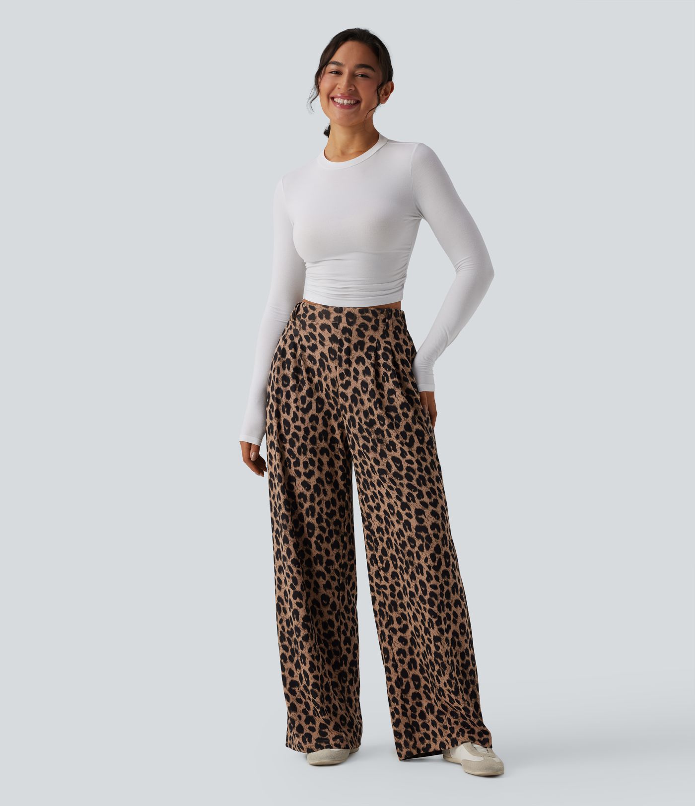 High Waisted Wide Leg Leopard Print Waffle Casual Pants with Pockets