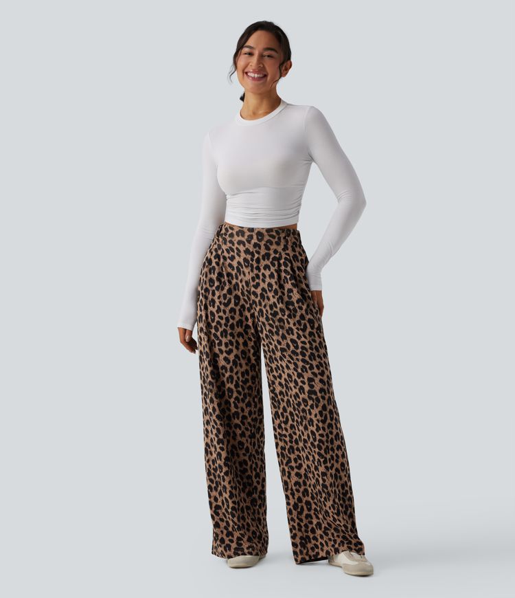 High Waisted Wide Leg Leopard Print Waffle Casual Pants with Pockets