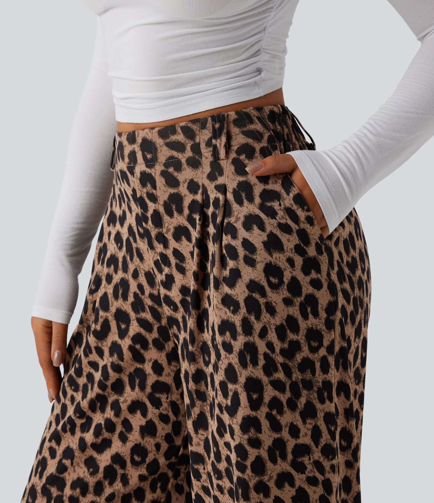 High Waisted Wide Leg Leopard Print Waffle Casual Pants with Pockets