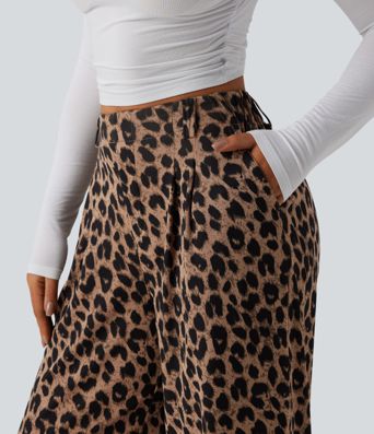 High Waisted Wide Leg Leopard Print Waffle Casual Pants with Pockets