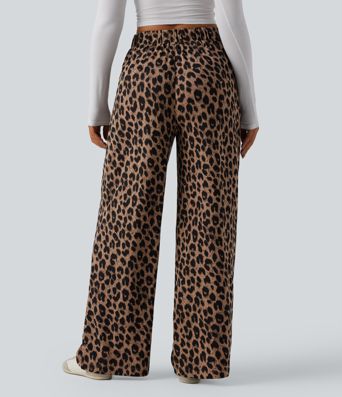 High Waisted Wide Leg Leopard Print Waffle Casual Pants with Pockets