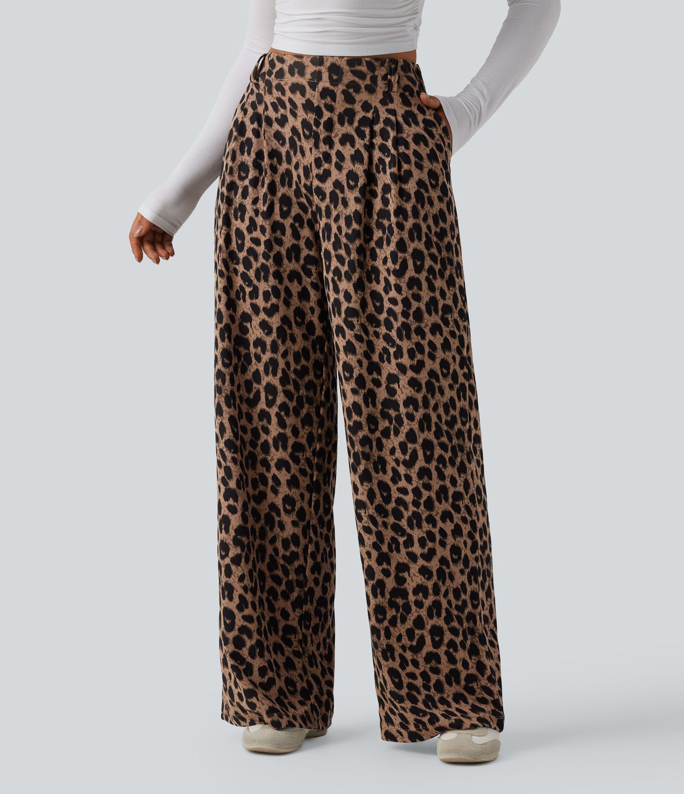 High Waisted Wide Leg Leopard Print Waffle Casual Pants with Pockets