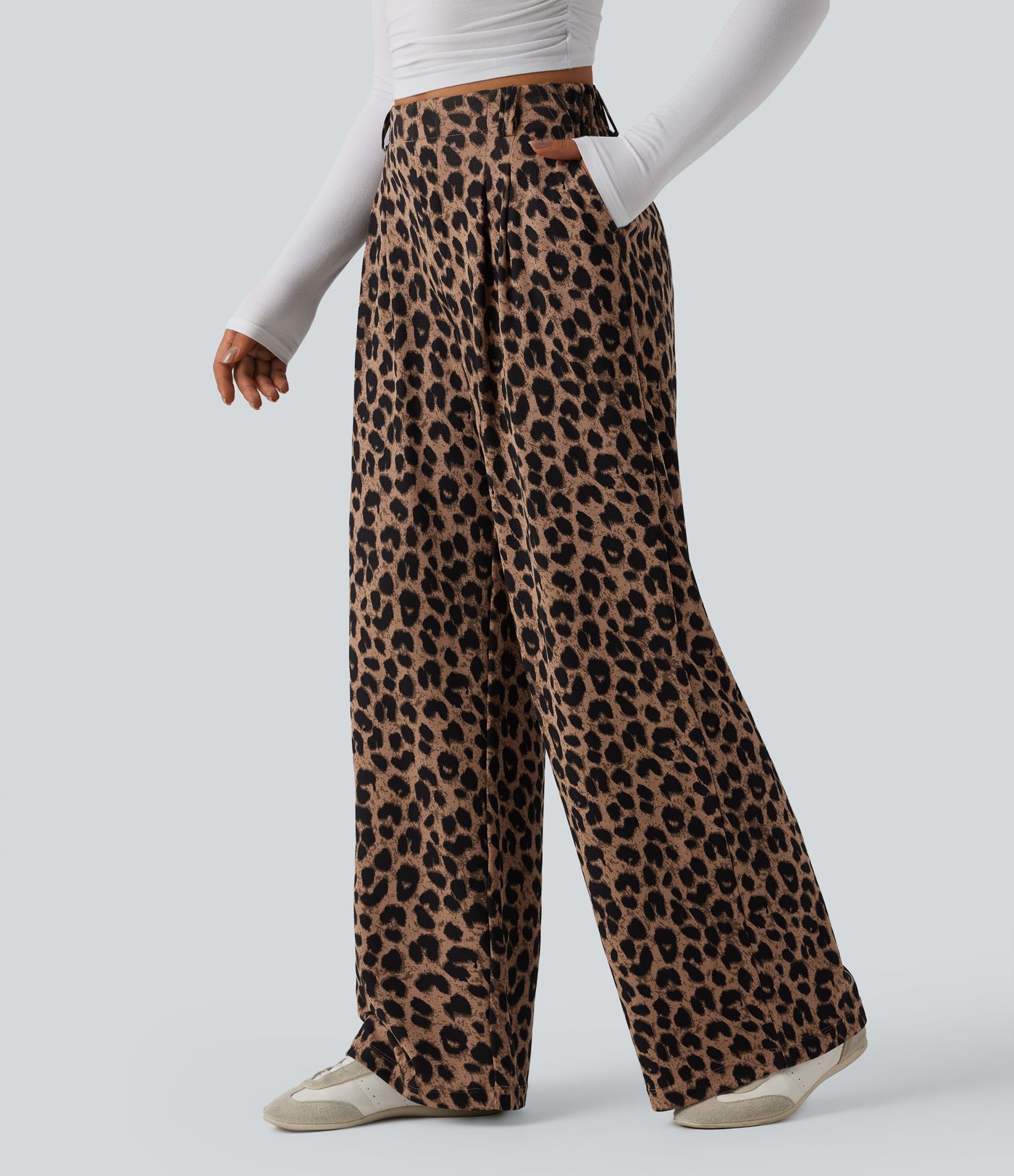 High Waisted Wide Leg Leopard Print Waffle Casual Pants with Pockets