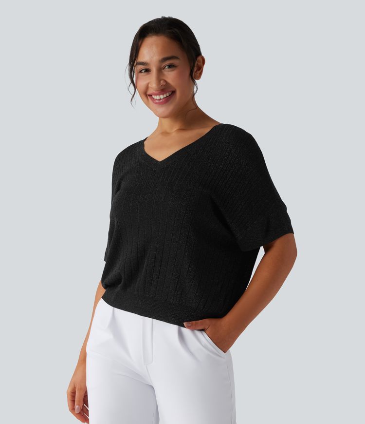 V Neck Short Sleeve Work Sweater