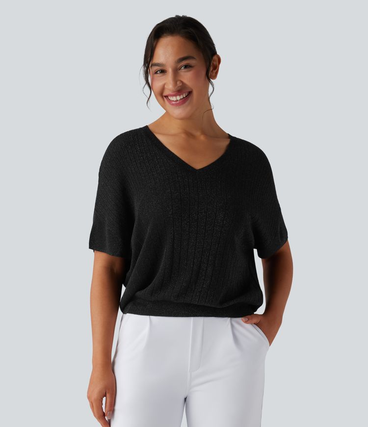 V Neck Short Sleeve Work Sweater