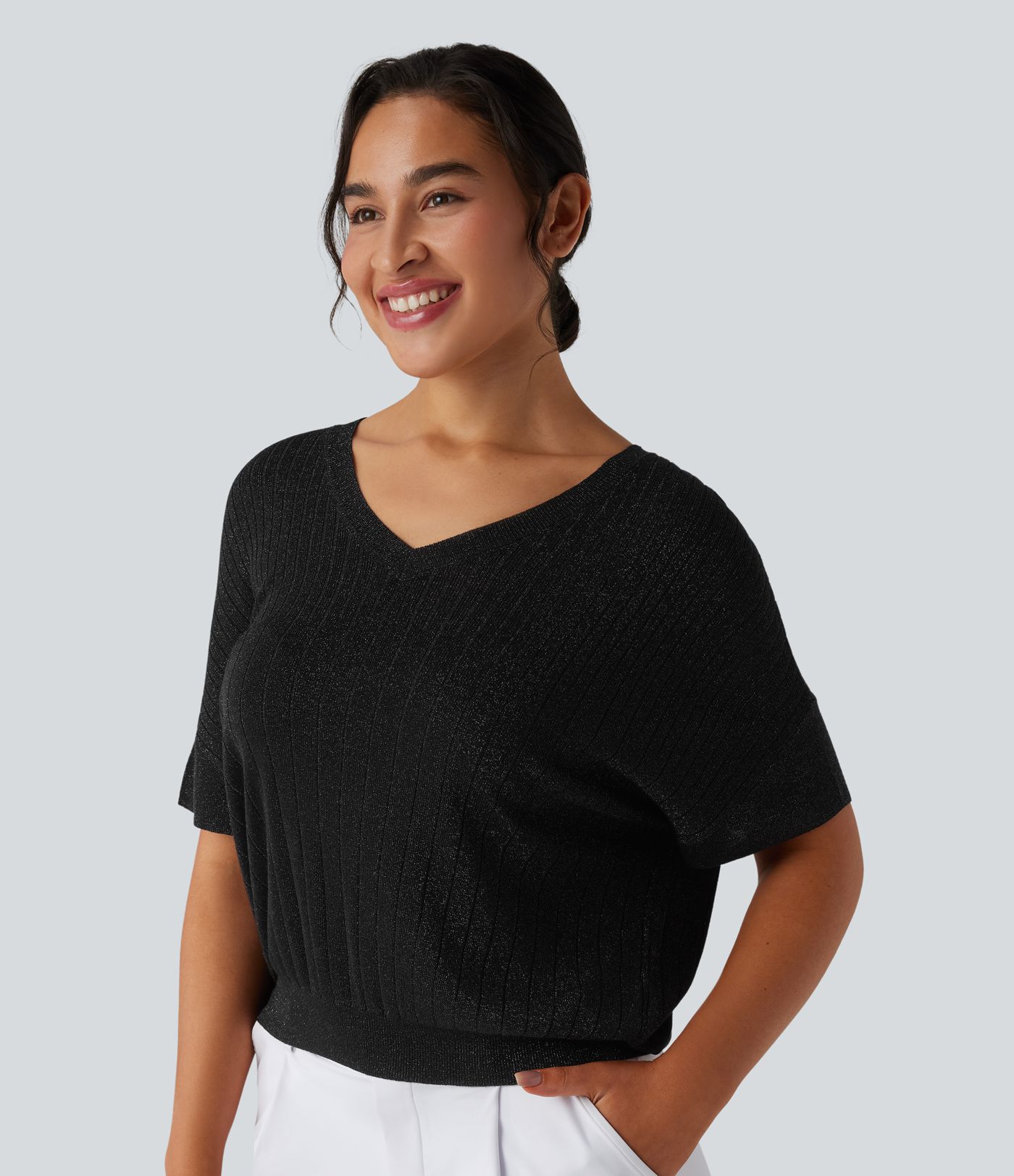 V Neck Short Sleeve Work Sweater