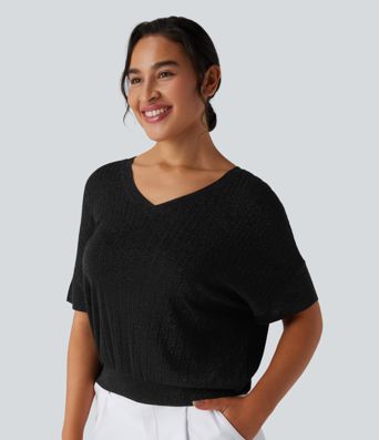 V Neck Short Sleeve Work Sweater