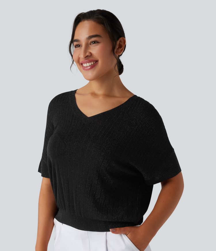 V Neck Short Sleeve Work Sweater