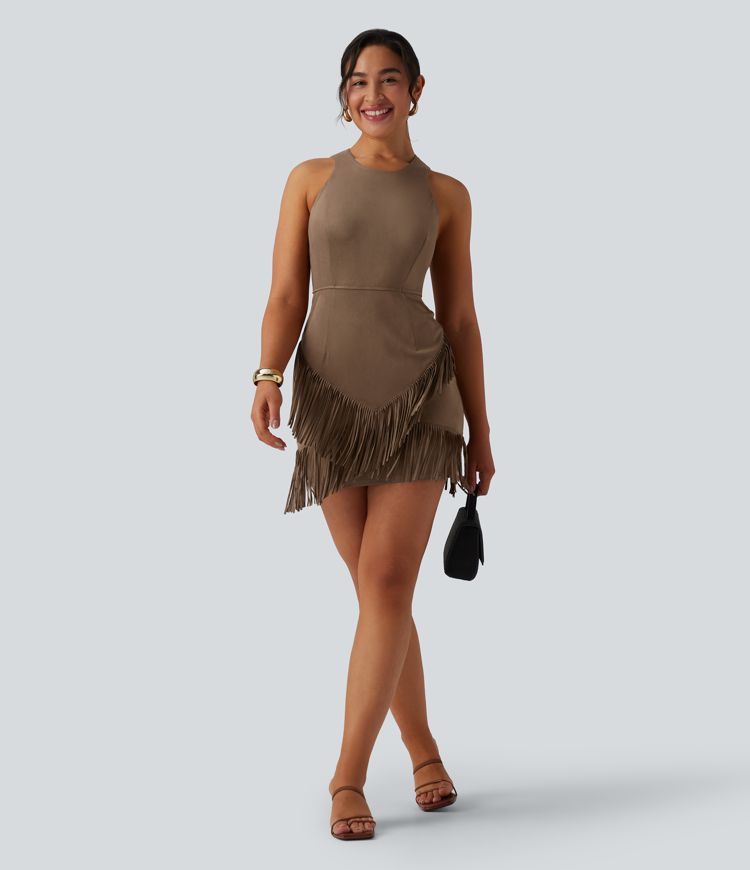 Round Neck Sleeveless Fringe Bodycon Suede Mini Dress