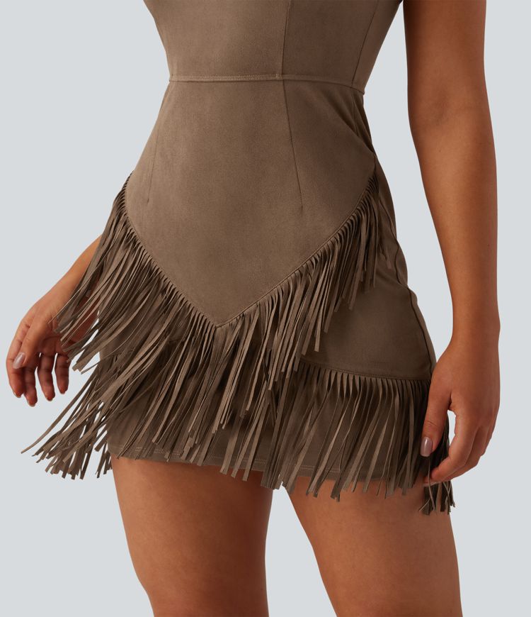 Round Neck Sleeveless Fringe Bodycon Suede Mini Dress