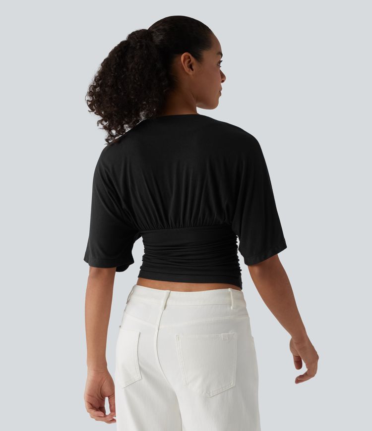 Ribbed V Neck Batwing Half Sleeve Ruched Casual T-Shirt