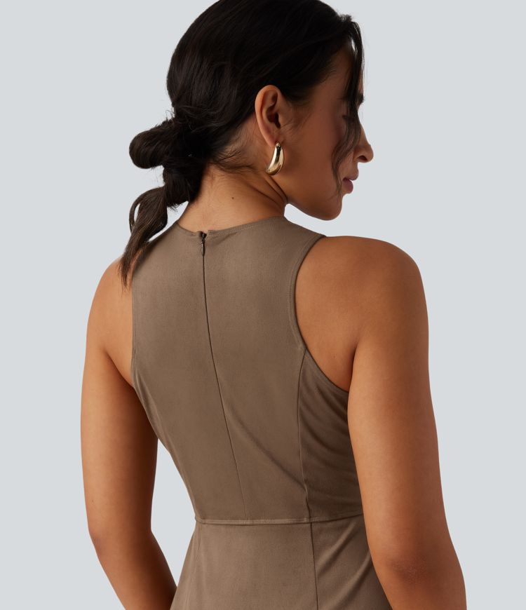 Round Neck Sleeveless Fringe Bodycon Suede Mini Dress