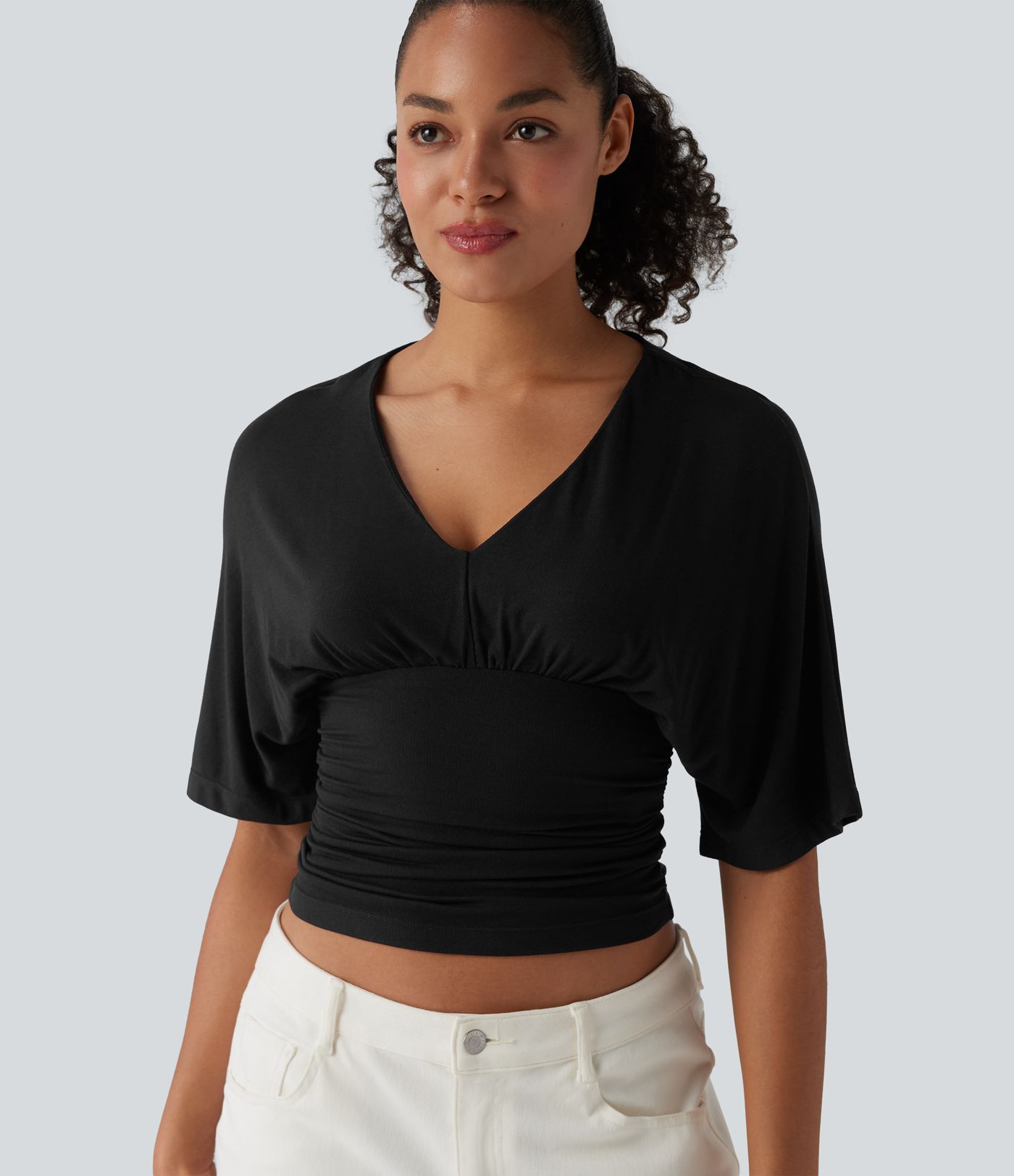 Ribbed V Neck Batwing Half Sleeve Ruched Casual T-Shirt
