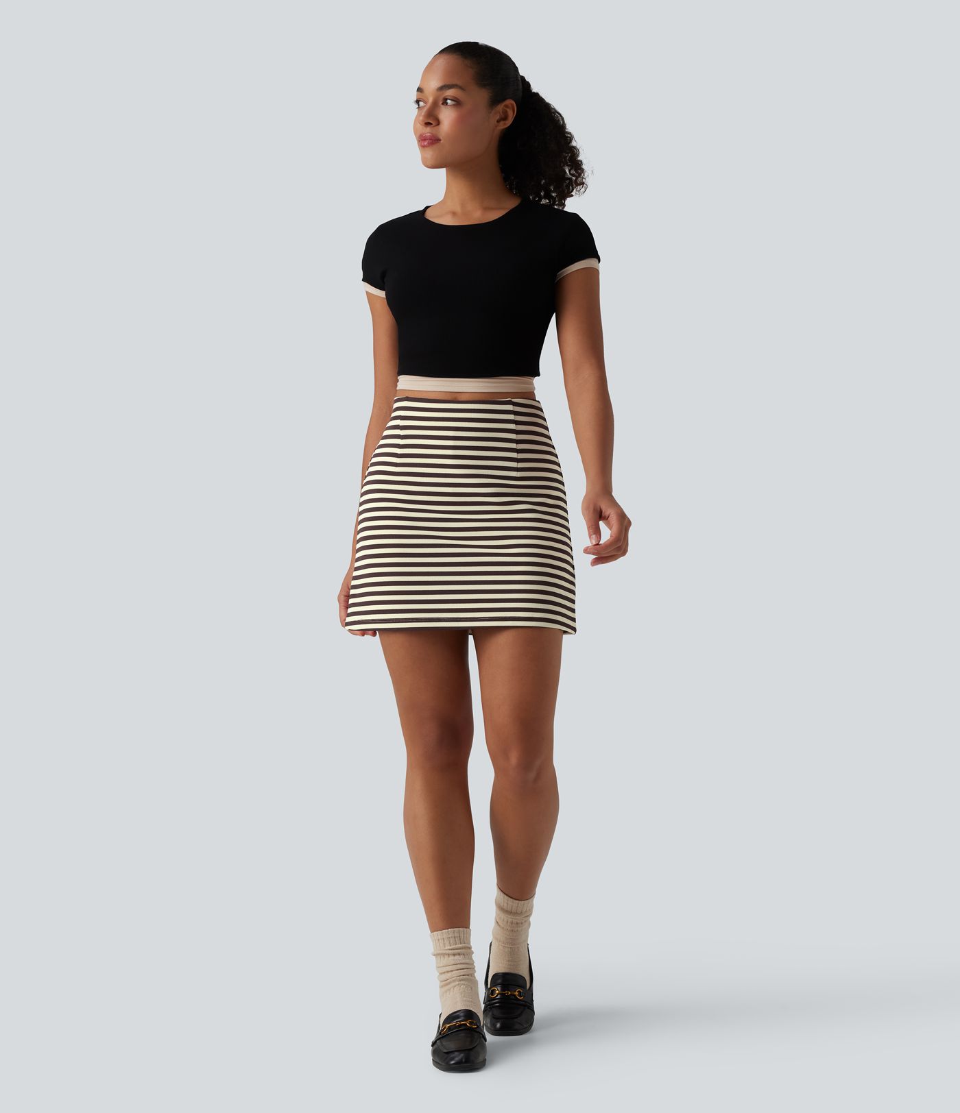 High Waisted 2-in-1 Stripe Waffle Mini Casual Skirt