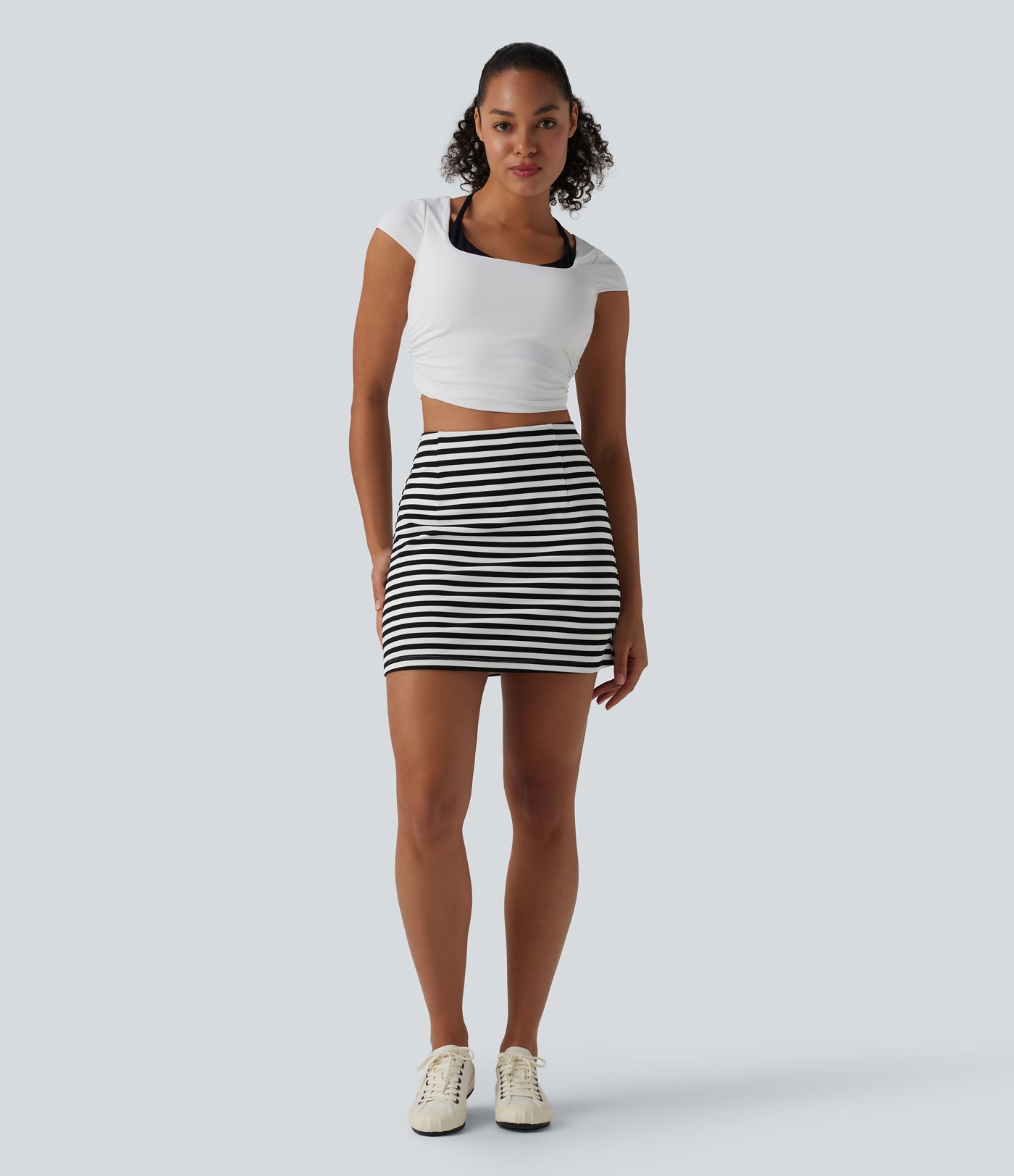 Jupe mini décontractée 2-en-1 taille haute rayée gaufré