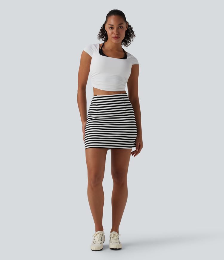 Jupe mini décontractée 2-en-1 taille haute rayée gaufré