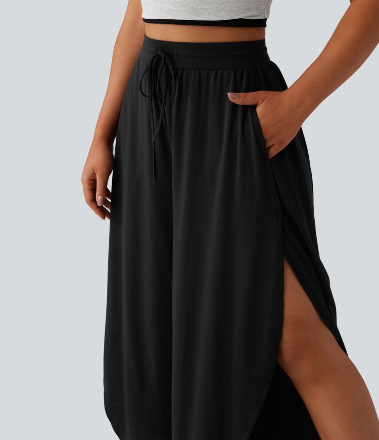 Fließende Hose mit hohem Bund, Seitentaschen und Kordelzug