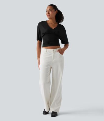 Ribbed V Neck Batwing Half Sleeve Ruched Casual T-Shirt