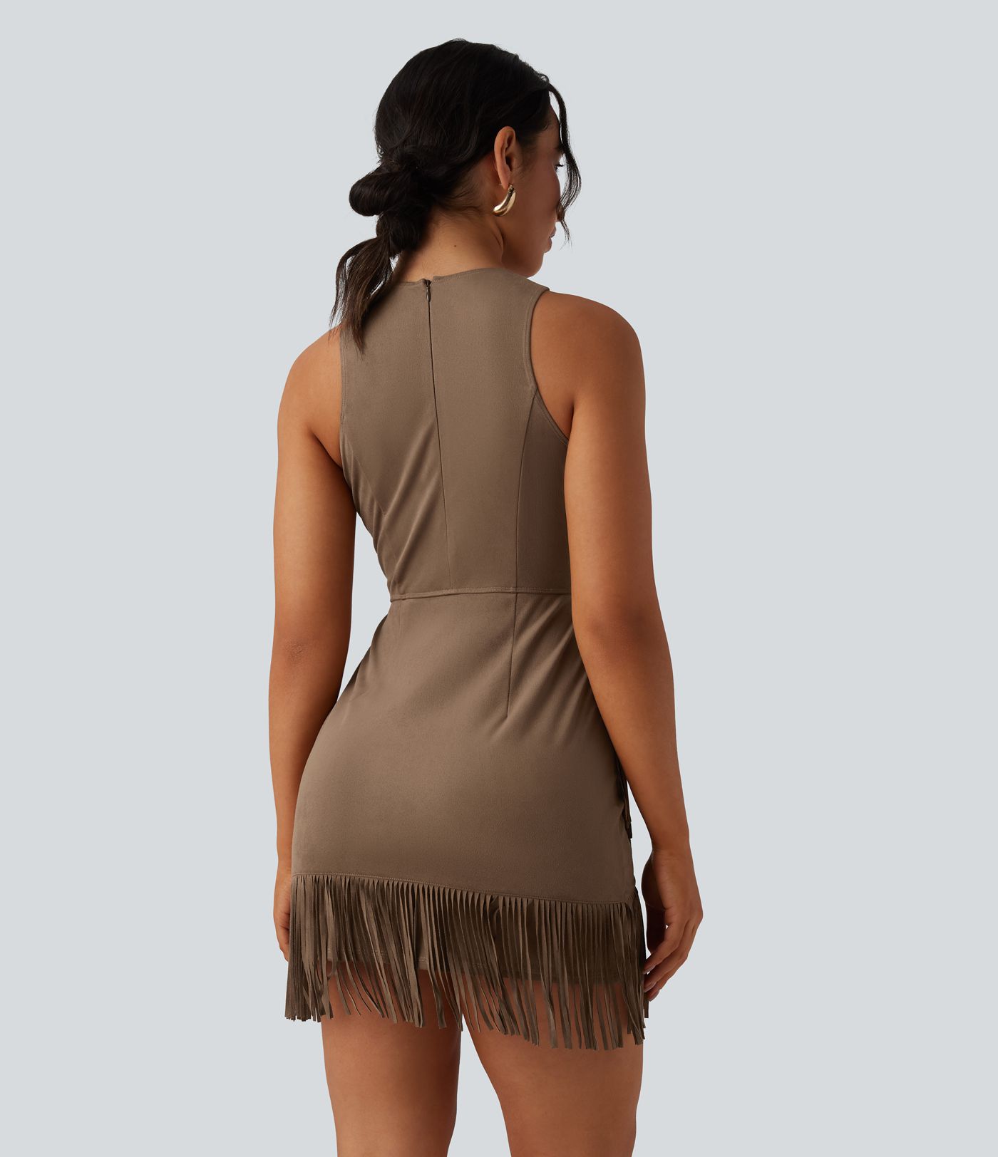 Round Neck Sleeveless Fringe Bodycon Suede Mini Dress