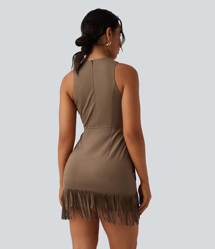 Round Neck Sleeveless Fringe Bodycon Suede Mini Dress