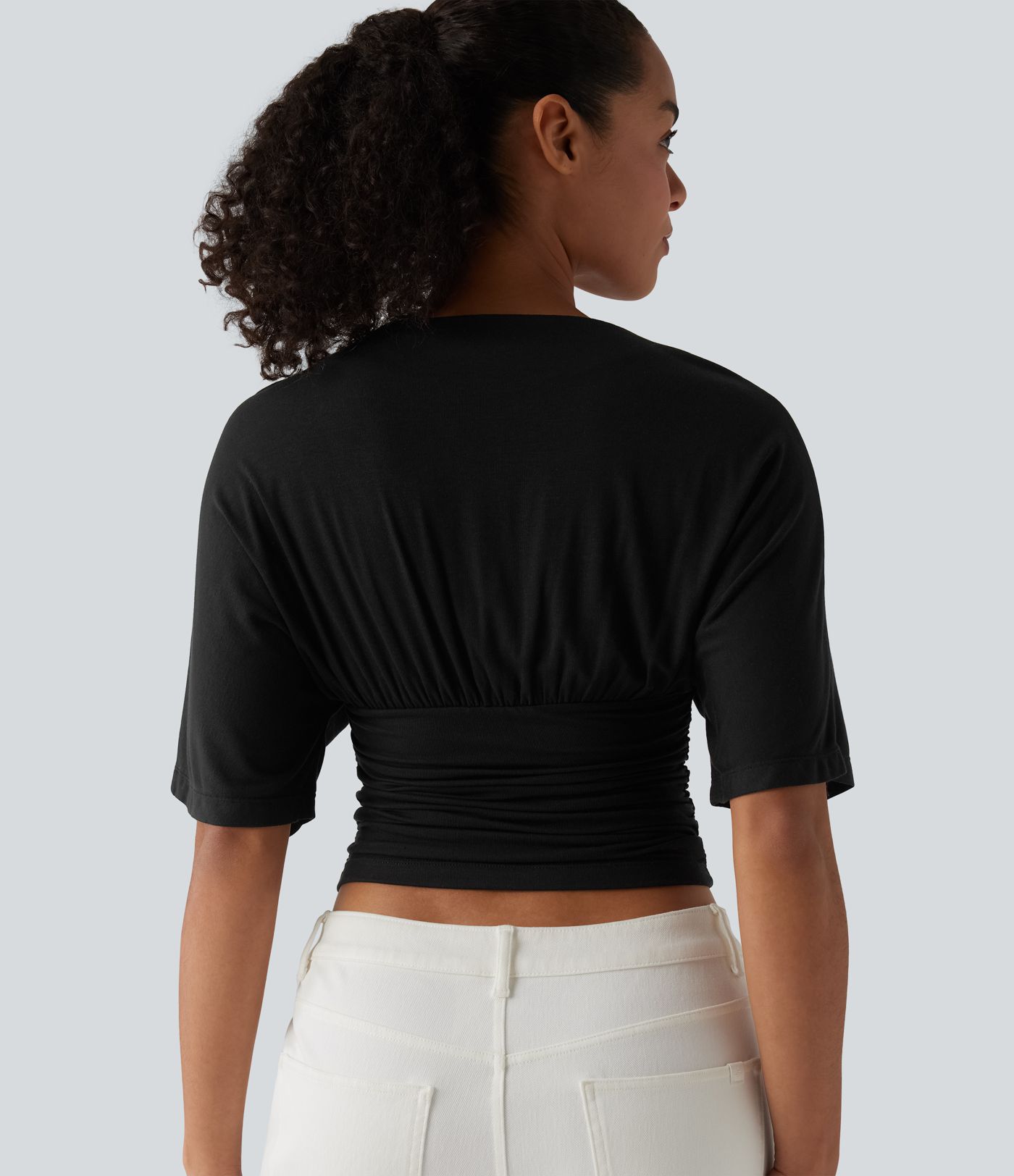 Ribbed V Neck Batwing Half Sleeve Ruched Casual T-Shirt