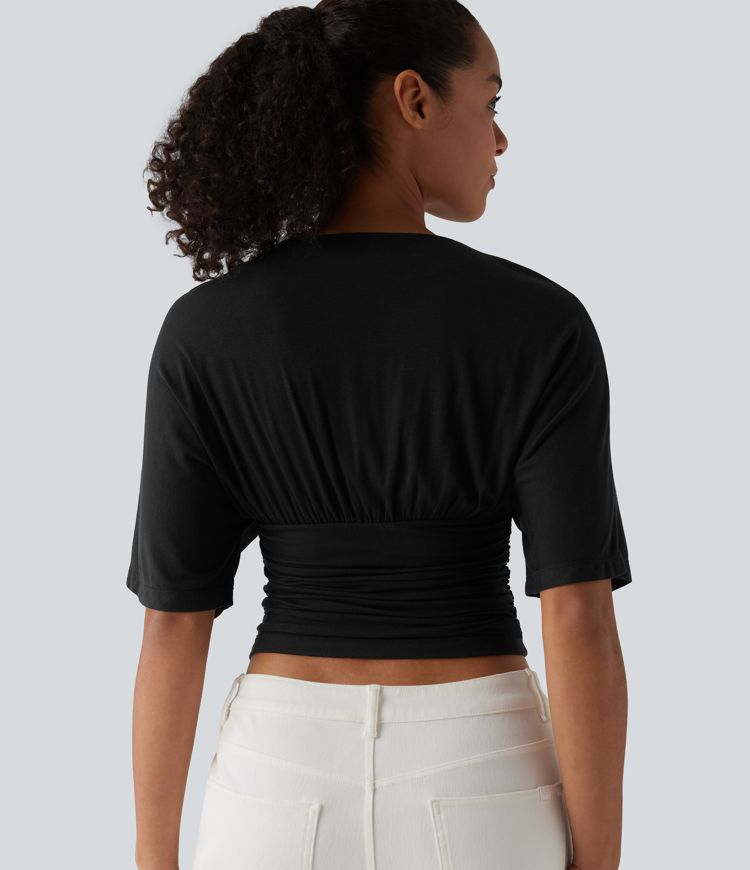 Ribbed V Neck Batwing Half Sleeve Ruched Casual T-Shirt