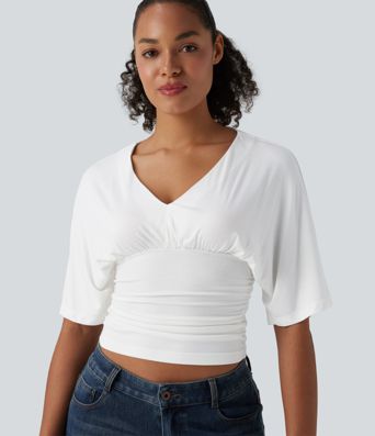 Ribbed V Neck Batwing Half Sleeve Ruched Casual T-Shirt