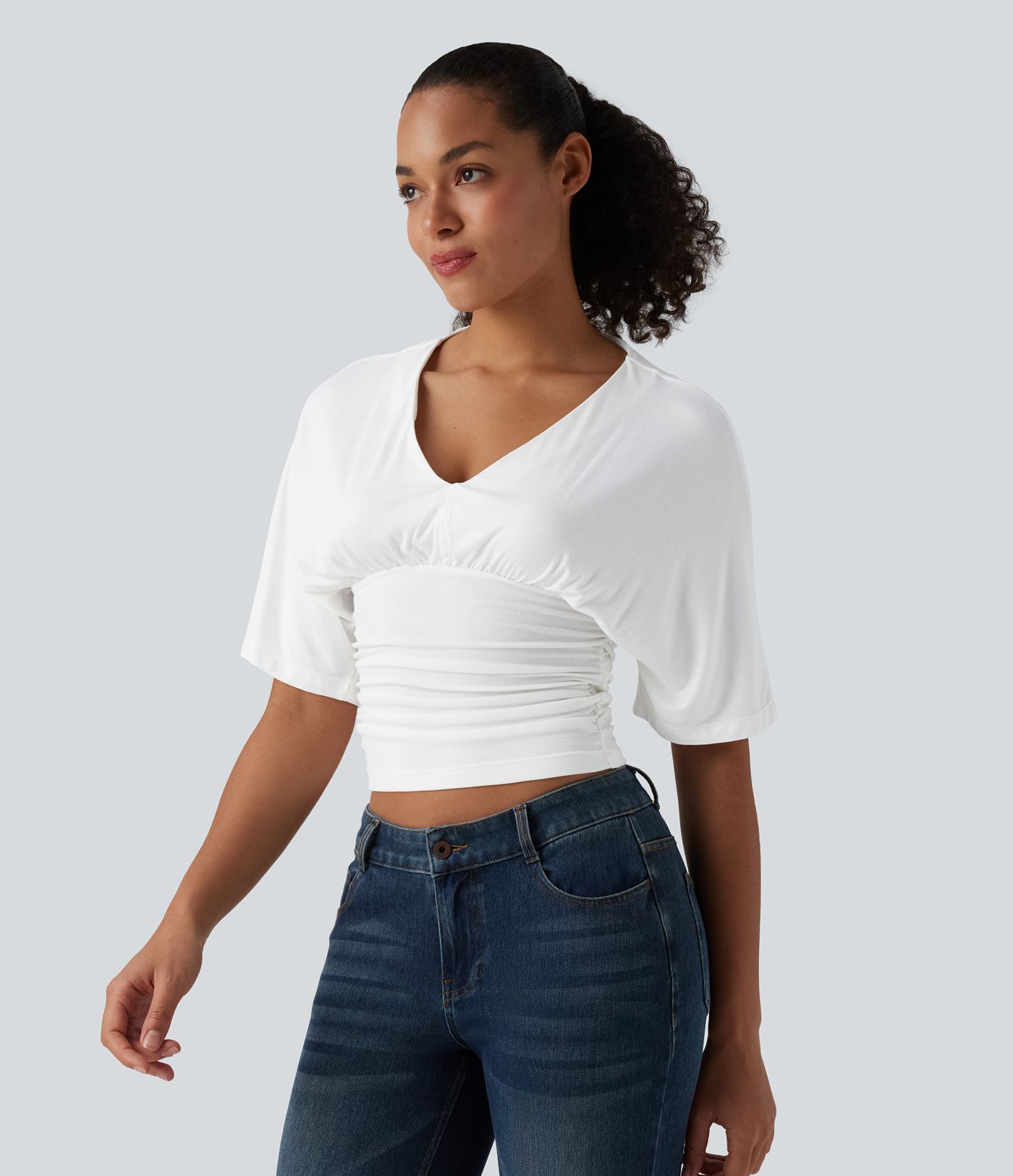 Ribbed V Neck Batwing Half Sleeve Ruched Casual T-Shirt