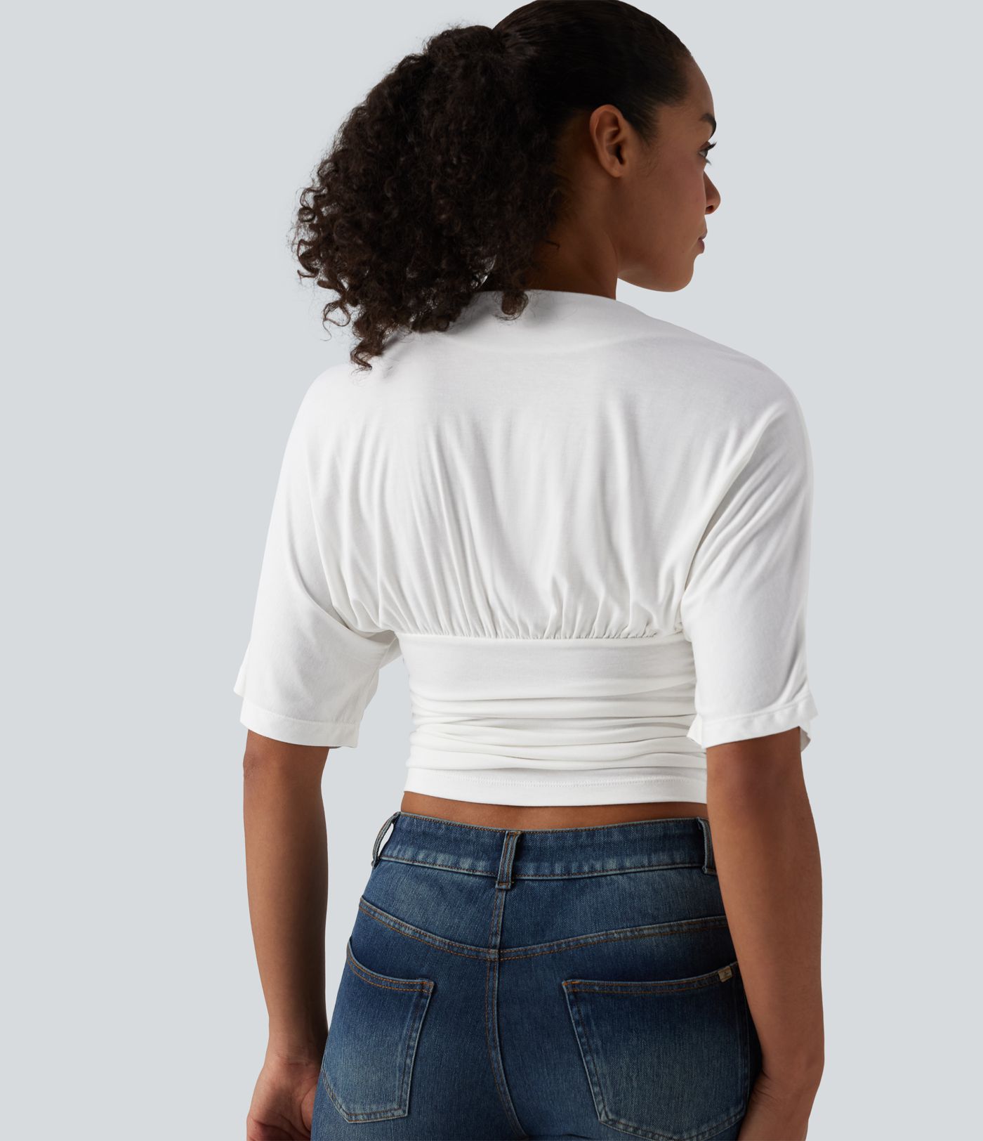 Ribbed V Neck Batwing Half Sleeve Ruched Casual T-Shirt