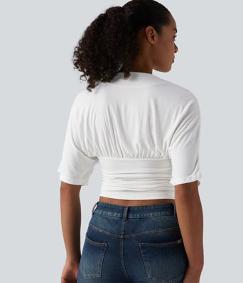 Ribbed V Neck Batwing Half Sleeve Ruched Casual T-Shirt