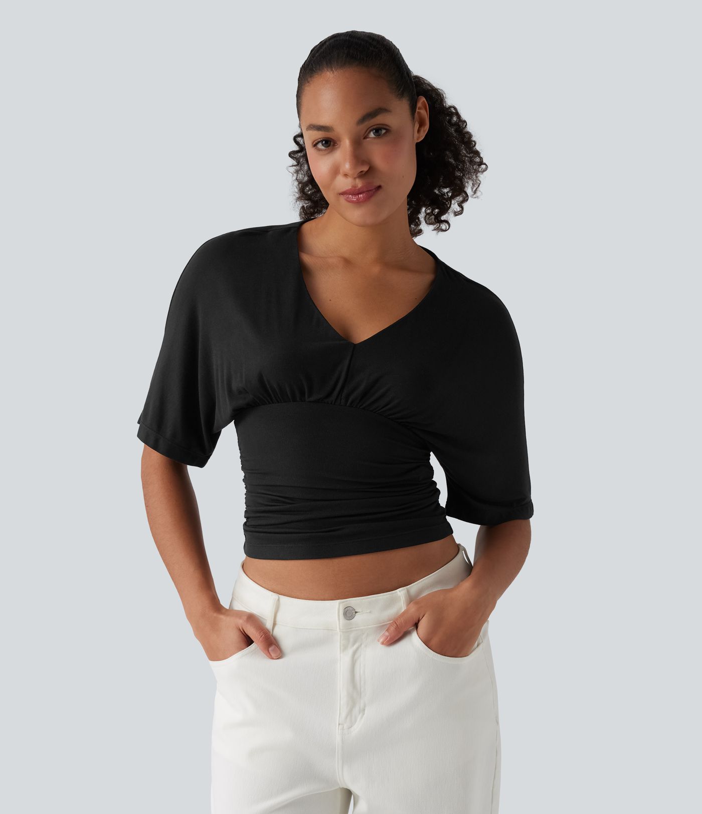 Ribbed V Neck Batwing Half Sleeve Ruched Casual T-Shirt