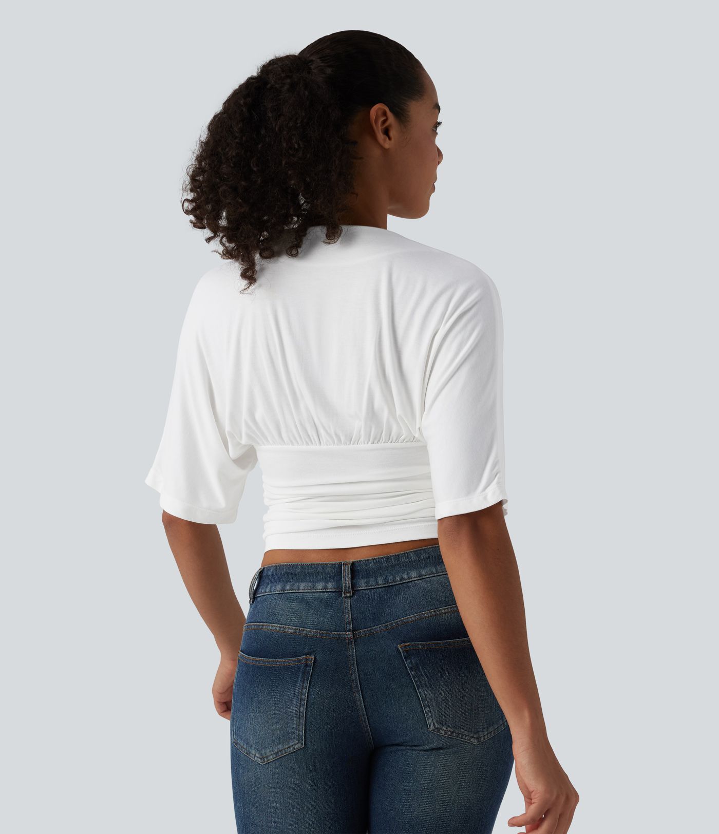 Ribbed V Neck Batwing Half Sleeve Ruched Casual T-Shirt