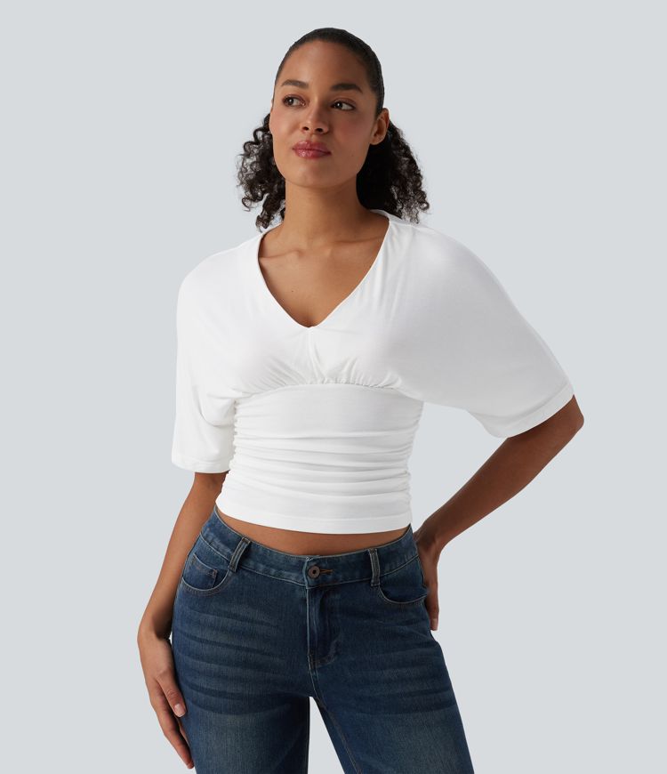 Ribbed V Neck Batwing Half Sleeve Ruched Casual T-Shirt