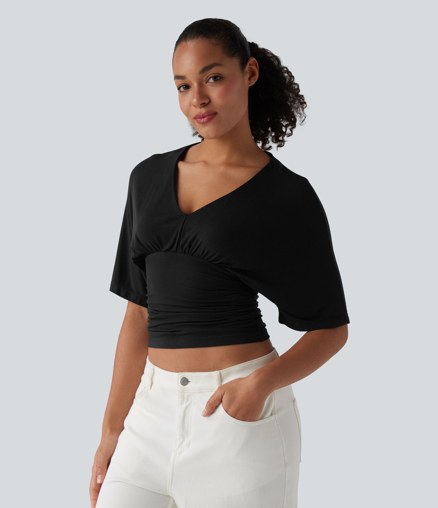 Ribbed V Neck Batwing Half Sleeve Ruched Casual T-Shirt