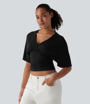Ribbed V Neck Batwing Half Sleeve Ruched Casual T-Shirt