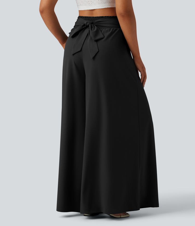 Breezeful™ High Waisted Shirred Tie Front Flowy Quick Dry Pants with Pockets